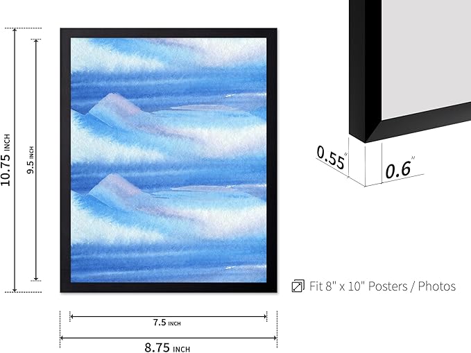 Monem Art Blue Watercolor Abstract Landscape Print - Minimalist Ocean Horizon Art Poster - Wall Decor for Living Room, Bedroom or Office - 8x10 Black Framed Wall Art by Rs Lab Studio