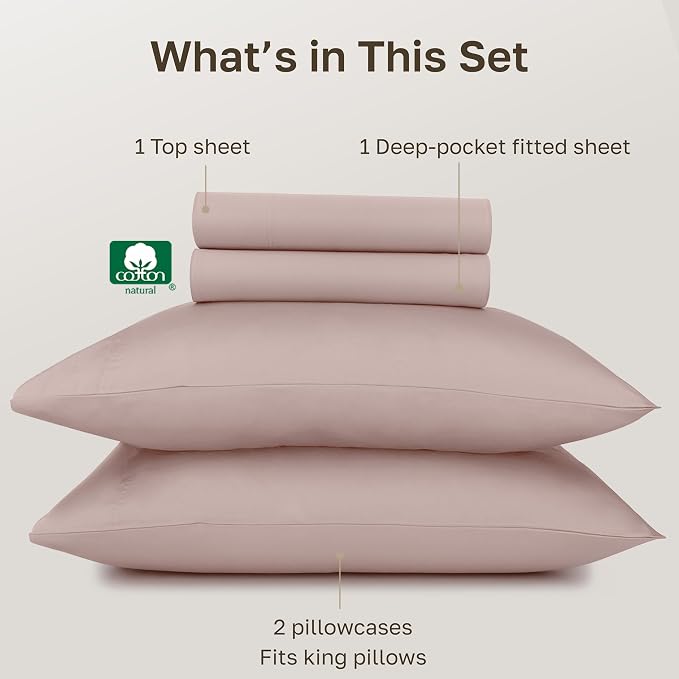 California Design Den King Size Bed Sheets Set - Certified Authentic 100% Egyptian Cotton Sateen, Deep Pocket King Size Sheets Set, Gripper Elastic, Durable Luxury Bedding - Dusty Rose