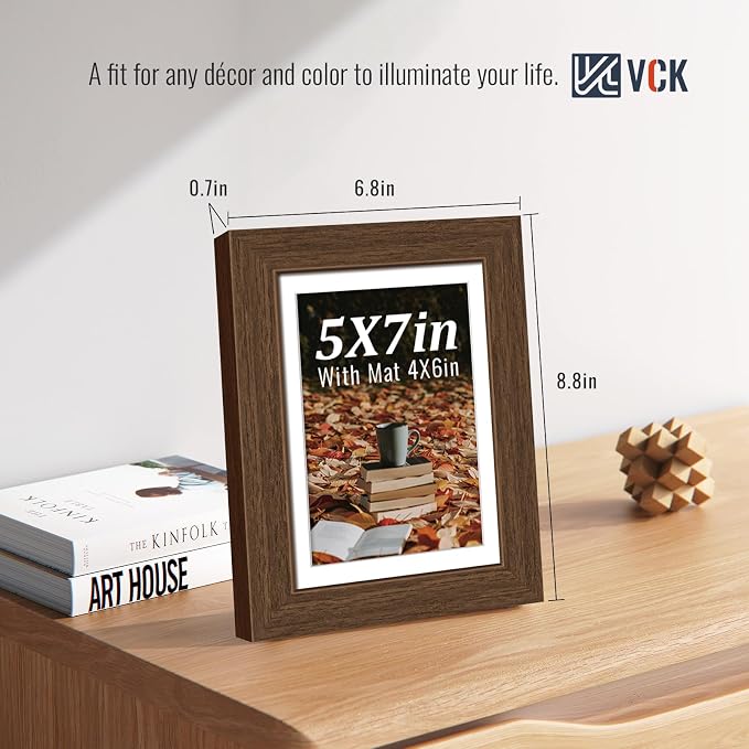 VCK 5x7 Picture Frames Brown 3 Pack, Wide Border Wood, Tempered Glass, Display 4x6 Photo with Mat or 5 x 7 without, for Home, Office, Gallery, Woodgrain Series, Tabletop & Wall Hanging