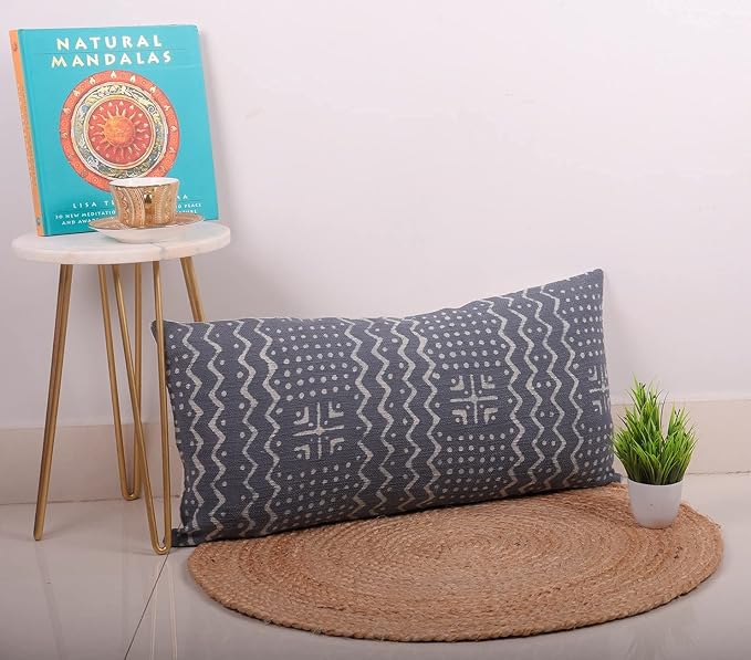 Trade Star Boho Spring Breathable Cushion Case Handloomed Farmhouse Pillow Case 100% Cotton Lumbar Pillow Cover Indian Modern Summer Cooling Lumbar Pillow Cover (Dark Grey ALMA 12X24 INCHES)