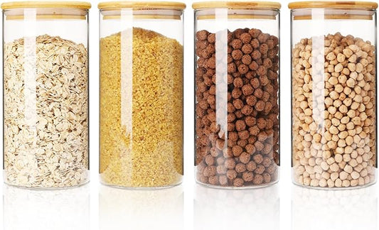 Glass Food Storage Jars with Bamboo Lids 53 FL OZ [Set of 4], Glass Canisters with Airtight Lids for Kitchen and Pantry Storage, Glass storage jars for Pasta, Oats，Flour，Sugar