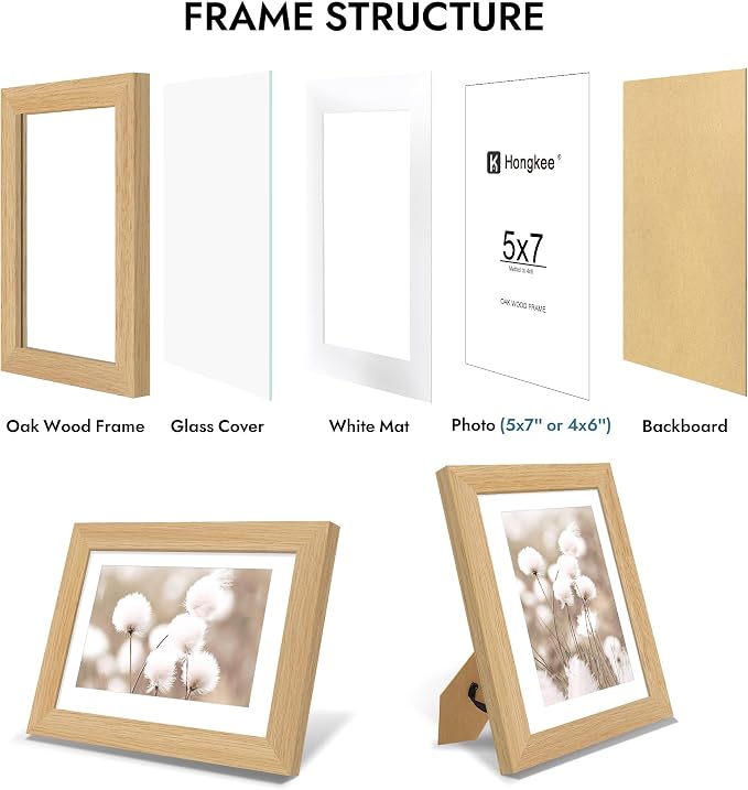 Hongkee 5x7 Oak Wood Picture Frame 1 Pack(Matted 4x6), Real Glass Cover | Natural, 5 x 7 Solid Wood Frame for Wall or Tabletop Display - Includes Easel Back, Vertical Hang - Ideal for Home, Office