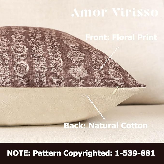 Amor Virisso Vintage Floral Throw Pillow Covers 22x22 Striped Farmhouse Block Print Pillow Coves Boho Neutral Decorative Pillows for Living Room Bed, Brown