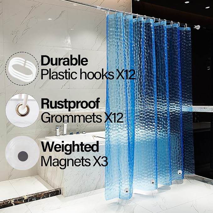 Plastic Shower Liner - Premium EVA 4G Shower Curtain Liner with Rustproof Grommets and 3 Weighted Magnets, Waterproof Shower Curtains for Bathroom (3D Water Cube - Blue, 72" x 72")