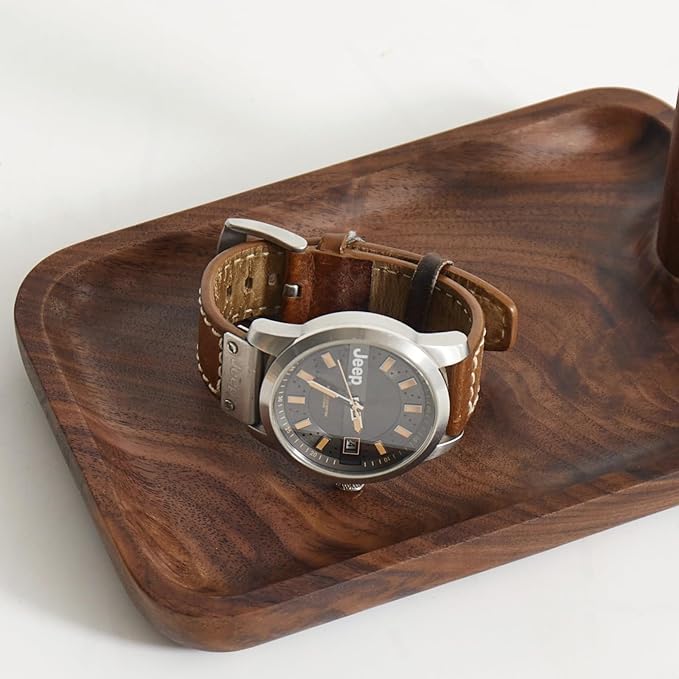 Black Walnut Solid Wood Key Dish Bowl for Entryway Table Square Tray With 3 Hooks, Open Storage for Keys, Wallet, Jewelry (Walnut, small)