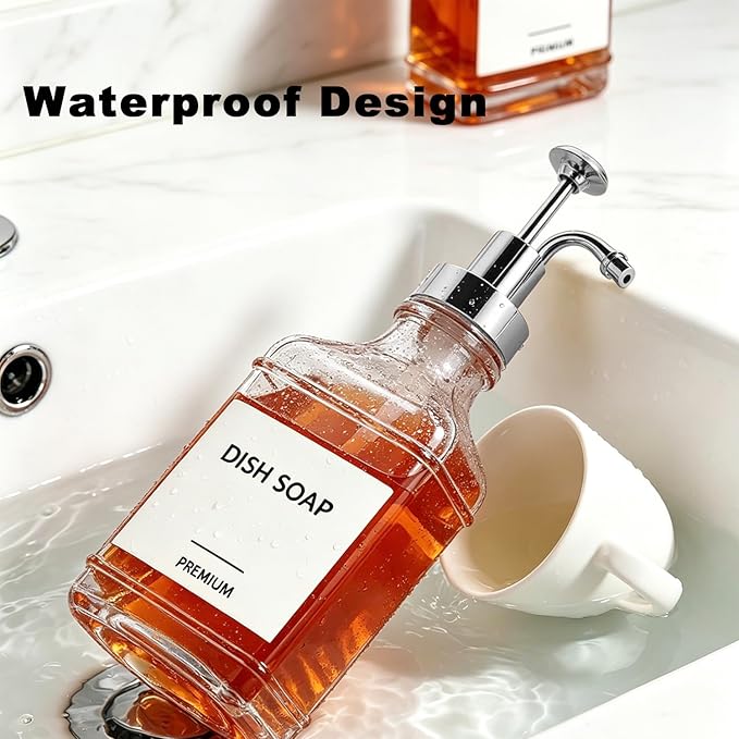Dish Soap Dispenser for Kitchen, Hand Glass Soap Dispenser Set with Pump, Funnel for Bathroom, Shower, Laundry, Liquid, Lotion (Silver 2 Pack 18 Oz Clear Bottles with 12 Stickers)