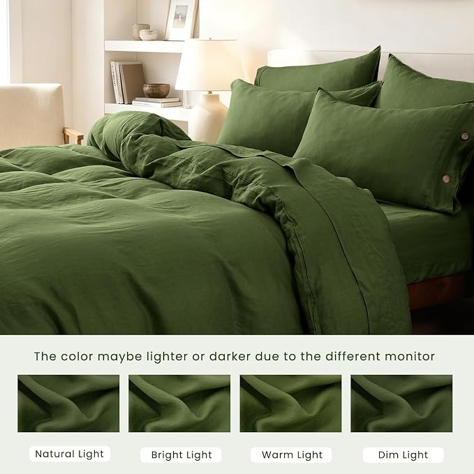 S VICTORY SYMBOL 100% Organic Linen Duvet Cover Set Queen Size,Natural French Washed Flax Bedding Set 3PCS(1 Duvet Cover and 2 Pillowcases) with Coconut Button Closure,Juniper Green