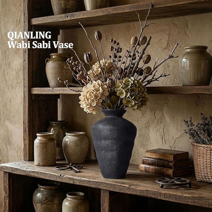 Wabi Sabi Decor Rusty Vintage Vase - 8.7" Tall Rustic Farmhouse Wabi Sabi Vase for Centerpiece, Pottery Stone Flower Vases for Home Decor, Table, Living Room, Bedroom, Bathroom, Kitchen (Black)