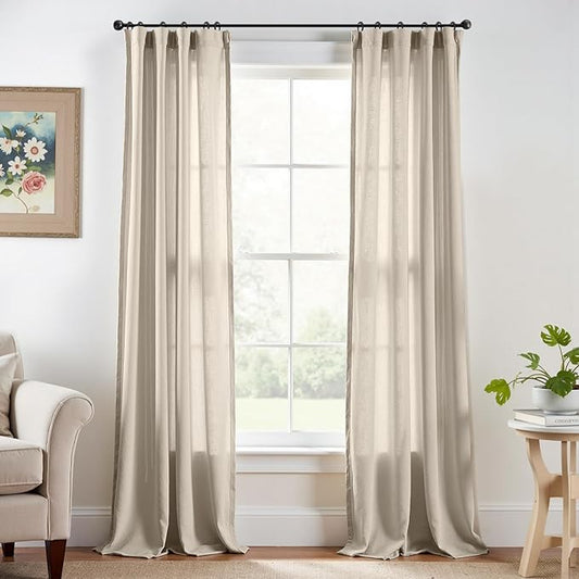 jinchan Linen Curtains Oatmeal Semi Sheer Curtains 90 inch Length for Closet Small Window Living Room Bathroom Neutral Farmhouse Cottage Core Light Filtering Privacy Rod Pocket Back Tab 2 Panels