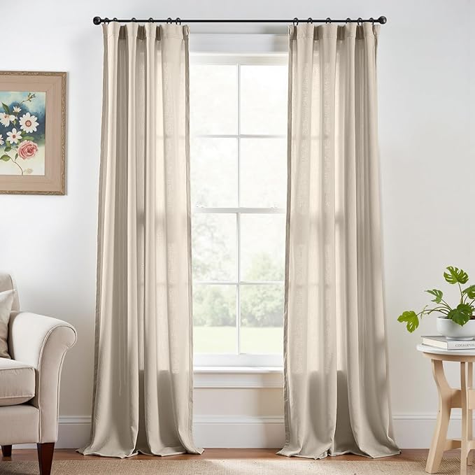 jinchan Linen Curtains Oatmeal Semi Sheer Curtains 96 inch Length for Closet Small Window Living Room Bathroom Neutral Farmhouse Cottage Core Light Filtering Privacy Rod Pocket Back Tab 2 Panels