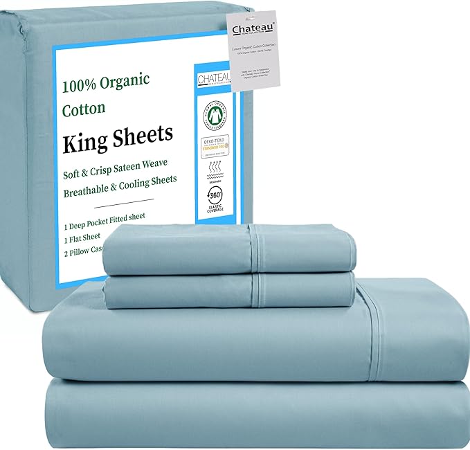 CHATEAU HOME COLLECTION King Size Sheets Set – 100% Organic Cotton King Bed Sheets, Deep Pocket Fitted Sheet, Cooling & Breathable, Sateen Weave, French Blue, Fits Upto 17" Mattress