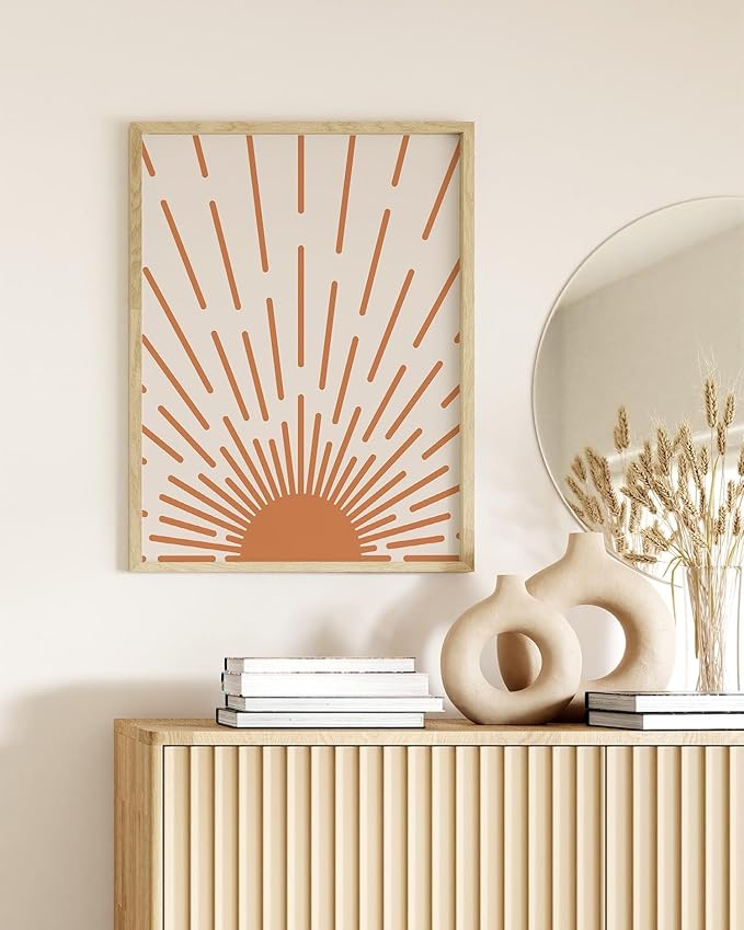 Minimalist Sunburst Wall Art Abstract Geometric Arch Earth Tones Terracotta Mid Century Modern 12x16 Inch Oak Wood Beige Framed Boho Sunrise Print for Bedroom Living Room Decor