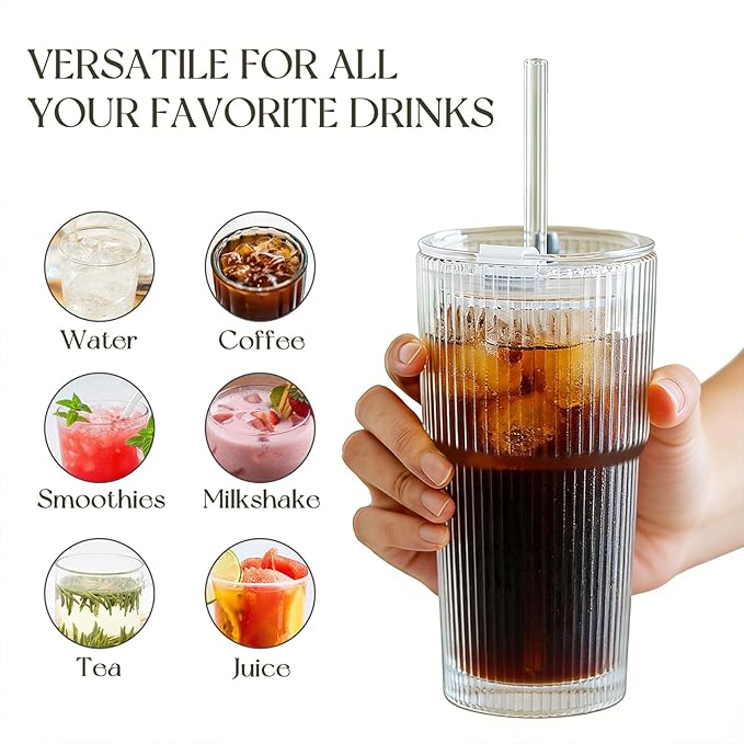 KEMORELA 6-Pack 20 oz Ribbed Glass Tumblers with Lids and Straws – Vintage Iced Coffee Cups, Reusable Smoothie & Cocktail Glasses, Durable Clear Glassware for Home, Cafe & Party Use