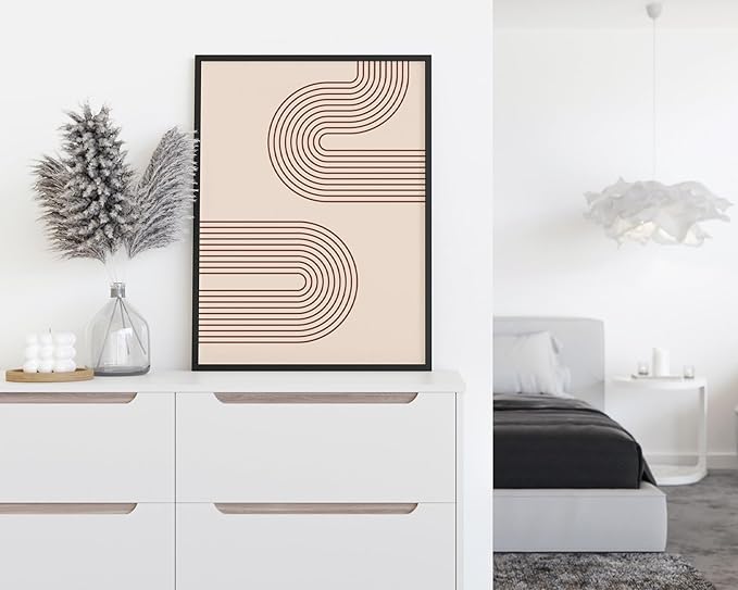Abstract Double Wavy Arch Wall Art Minimalist S-Shape Lines Earth Tones Terracotta Brown 12x16 Inch Oak Wood Black Framed Boho Geometric Print for Modern Living Room Decor