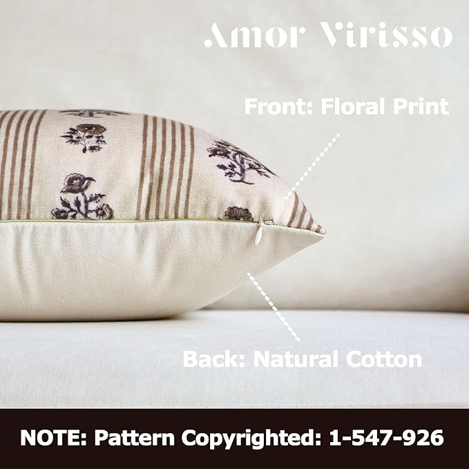 Amor Virisso Floral Throw Pillow Covers 24x24 Set of 2 Block Print Pillow Covers Neutral Floral Striped Farmhouse Decorative Pillow Covers for Sofa Couch Bed, Brown