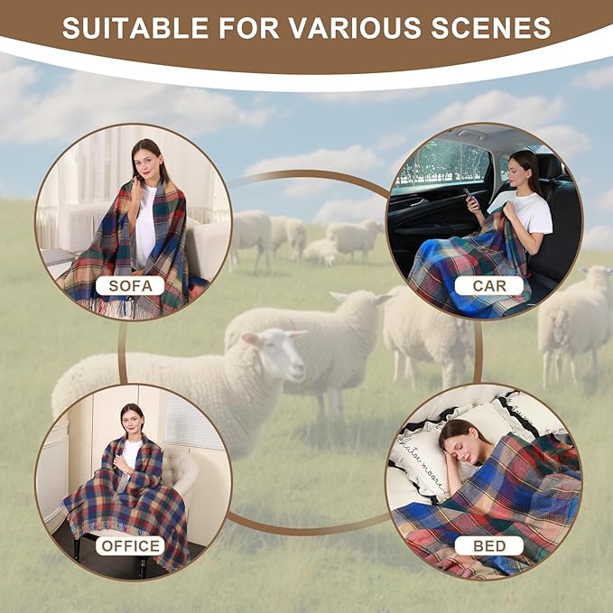 100% Wool Blanket Throw,Blue Plaid Wool Blanket with Compact Bag,Rustic Soft Lightweight Blanket for Couch,Sofa,Bed & Lounging Decoration, Warm Travel Blanket for Home, Airplane,Ideal Gifts 55"x83"