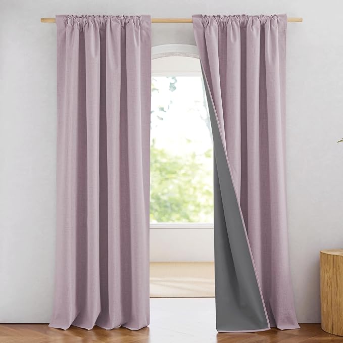NICETOWN 100% Blackout Curtains for Living Room, 52" Wide Per Panel, Set of 2, Muted Lavender Linen Blend Thermal Insulated Curtains 90" Long, Noise Reducing Window Treatment Drapes for Hall Room