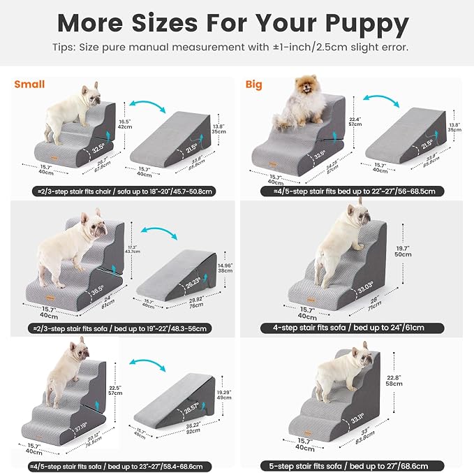 Gardner Pet Dog Stairs for Small Dogs 22.4" H, Large 2 in 1 Transformable 3-Step Pet Stairs and ramp, Dog Steps for High Bed (22-27") with Non-Slip Waterproof Cover CertiPUR-US Certified Foam, Grey