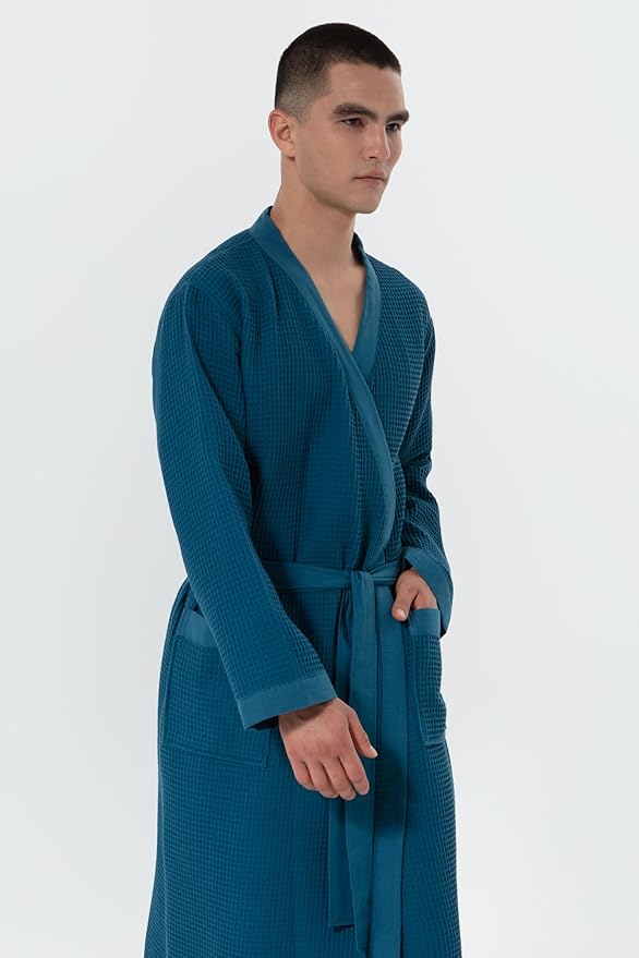 SEYANTE Turkish Cotton Waffle Robe for Men – Organic GOTS Certified Spa Bathrobe, Lightweight Kimono, Soft Cotton Bathrobe