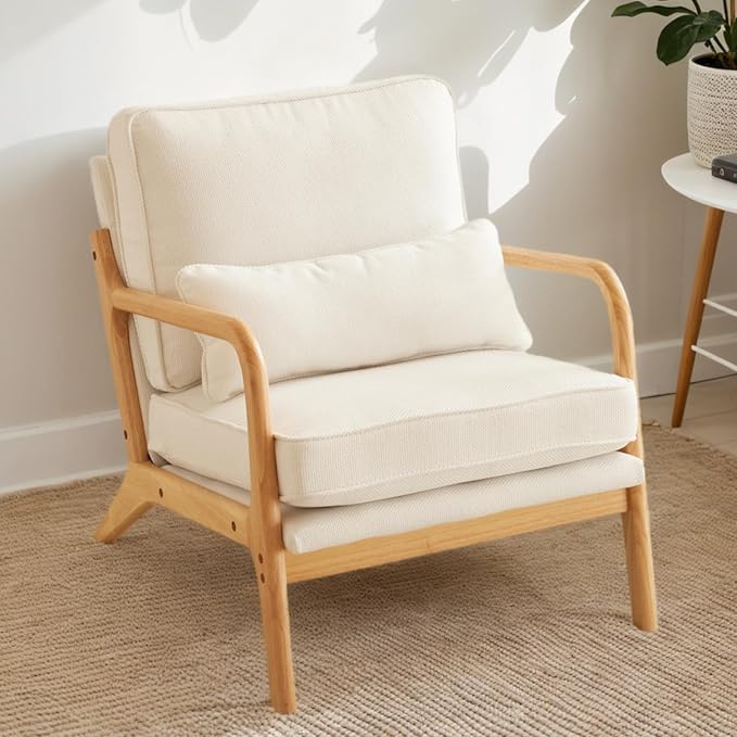 Karl home Mid-Century Modern Accent Reading Chair, White | Linen Upholstered, Solid Wood Frame, Soft Cushion, Lumbar Pillow, Lounge Armchair for Living Room, Bedroom, Balcony, Study