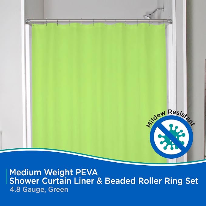 Kenney KN61703 Medium Weight 5 Gauge Waterproof PEVA Shower Curtain Liner with Durable Eyelet Hang Holes, Weighted Magnetic Hem, and 12 Piece Beaded Roller Ring Set for Bathroom, 70" W x 72" H, Green