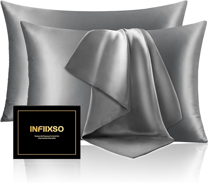 INFIIXSO Silk Pillow Cases 2 Pack Standard Size, Ultra Smooth & Soft Mulberry Silk Pillow Case for Hair and Skin, Breathable Cooling Silk Pillowcase with Hidden Zipper (Dark Grey, 20x26 Inches)