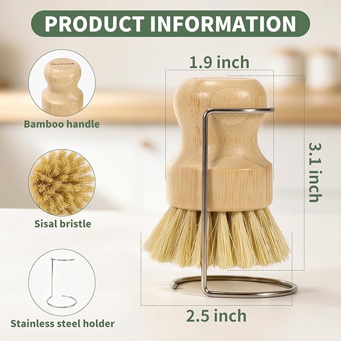 2 Pack Bamboo Dish Brush with Drain Holder - Natural Scrub Brush for Dish with Sisal Bristle, Wooden Dish Scrubber for Kitchen Cleaning Dishes, Pots, Pans and Vegetables