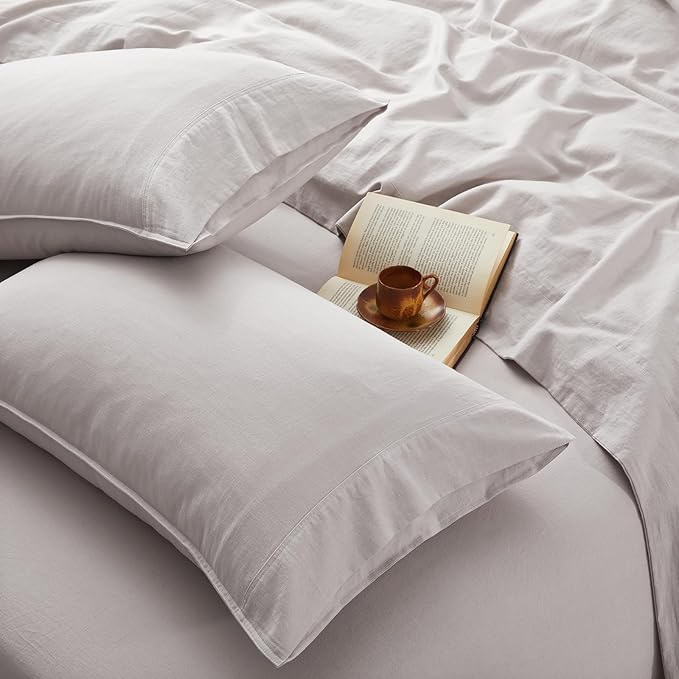 4Pcs Organic Linen Sheets Queen Size, 100% French Linen from Normandy, Breathable Natural Linen Queen Sheet Set with 16 Inch Deep Pocket, 1 Flat Sheet, 1 Fitted Sheet, 2 Pillowcases