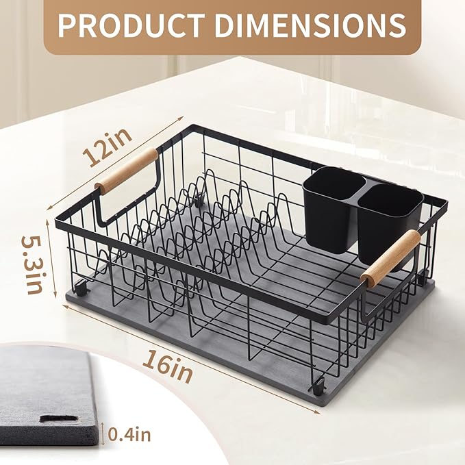 Dish Drying Rack with Stone Dish Drying Mat for Kitchen Counter, 16'' Lx 12''W Dish Drainer with Diatomaceous Earth Quick Dry Mat, Organization and Storage Essentials with Cup & Cutlery Holders