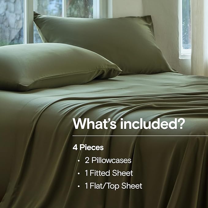 DOZ Sheet Set, 100% Viscose derived from Bamboo, Organically Grown, Buttery Soft, Cooling Sheets, High GSM, Deep Pockets - 4 Piece - 2 Pillowcases 1 Fitted 1 Top Sheet (Olive, Full)
