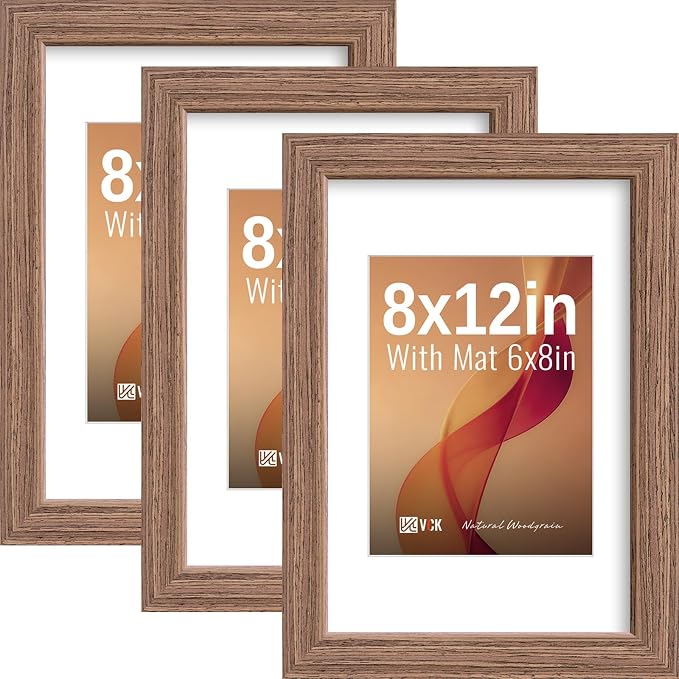 VCK 8x12 Picture Frames Walnut - 3 Pack, Wide Border Solid Wood, Tempered Glass, Display 6x8 Photo with Mat or 8 x 12 Without, for Home, Office, Gallery, Woodgrain Series, Tabletop & Wall Hanging