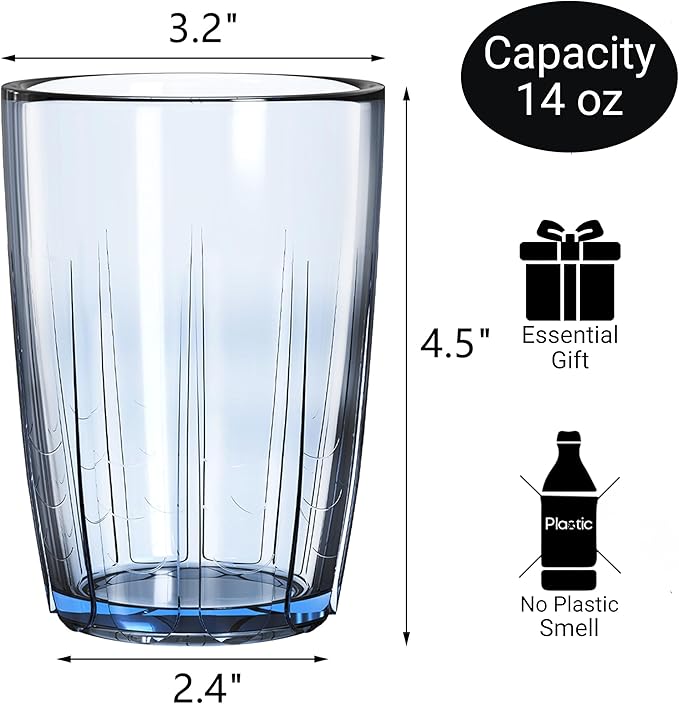 ZEAYEA Set of 6 Acrylic Drinking Cups, 14 oz Unbreakable Water Tumbler, Reusable Plastic Drinking Glasses, Stackable Beverage Tumbler for Juice, Lemonade, Ice Coffee, BPA-free, Dishwasher Safe