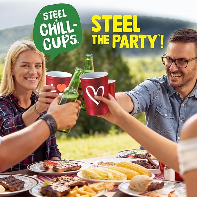 Steel Chill Cups 16 oz. Party Cup Love Heart Design for Cold Drinks, Durable, Disposable, Recyclable, Made in USA, Red, 12 Count