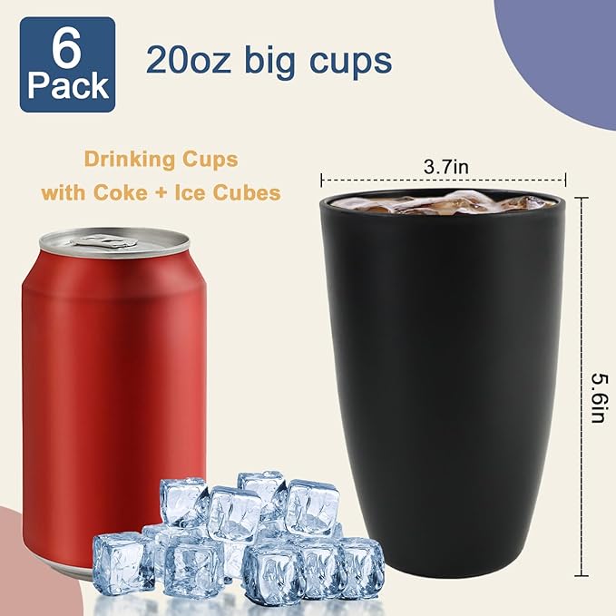 Wheat Straw Cups 20 OZ Set of 6, Unbreakable Drinking Cup Reusable, Alternative to Plastic Cups Reusable, Kitchen Water Tumblers Dishwasher and Microwave Safe (Black, Grey)