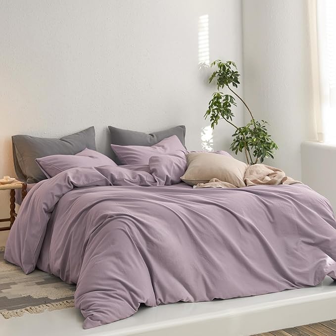 MooMee Queen Duvet Cover Set, 100% Washed Cotton Linen Like Twill Thick Sturdy Material Super Soft Breathable Durable Bedding for All Season, 3 Pieces (Lavender, Queen 90"x90")