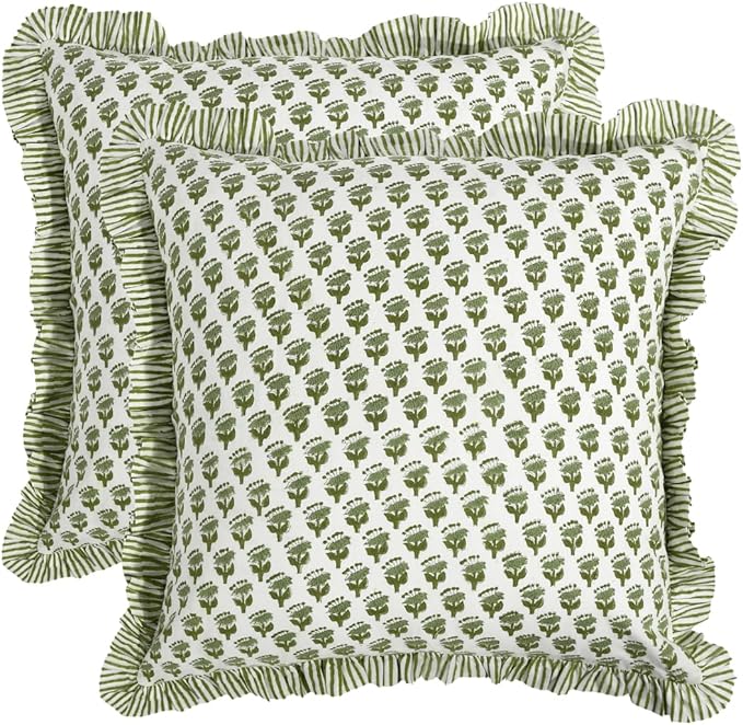 CPC Block Print Ruffle Throw Cover Emerald Green 24"x24" Inch Pack of 2-100% Cotton Ruffle Couch Decorative Boho Pillows Case for Living Room, Bedroom, Sofa, Farmhouse Gift for Spring, Mother's Day