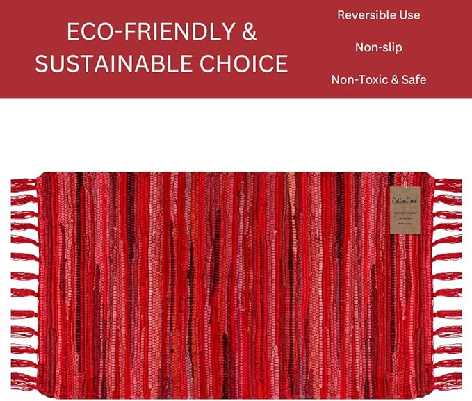 Cotton Chindi Rug - Boho Rustic Area Accent Throw Rug - Area Floor Carpet for Bedroom Living Room Kitchen Dorm Entryway Hallway - 20x32 inch Hand Woven Reversible Area Rug Red Multi