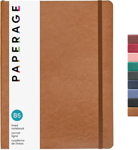 PAPERAGE Softcover Lined Journal Notebook (Cognac), 176 Pages, Large B5 College Ruled Notebook, 7.6 inches x 10 inches - 100 GSM Thick Premium Paper, Soft Vegan Leather Journal for Home, Work & School