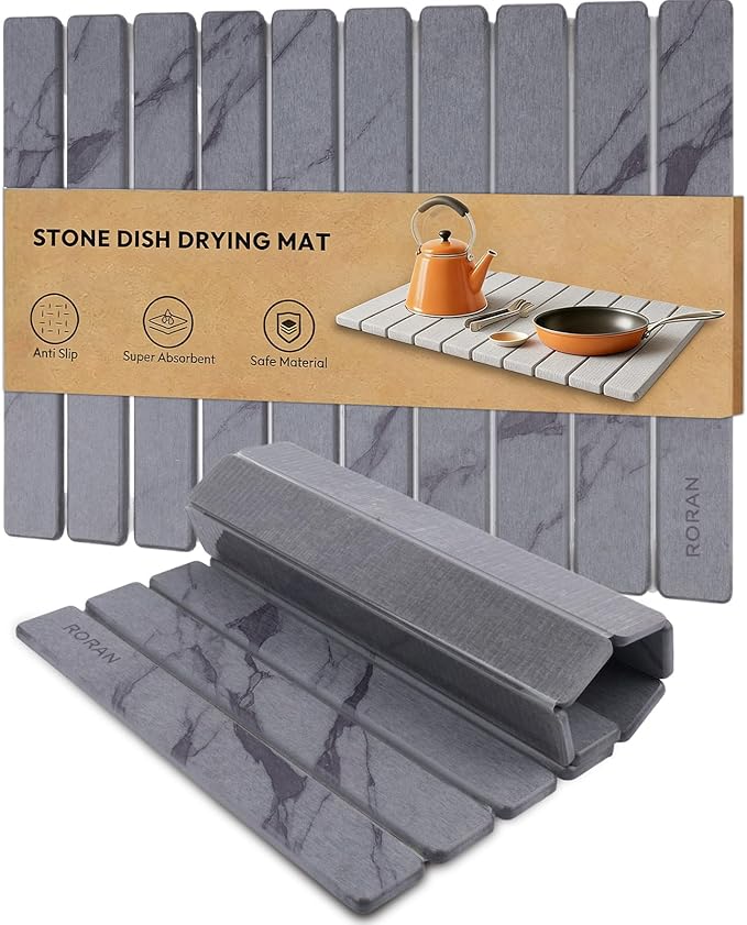 Stone Drying Mat for Kitchen Counter, 24"(L)×16"(W), Drying Matt Kitchen Counter, Quick Dry Stone Dishes Mats, Foldable Diatomaceous Earth Mat (Dark Gray)