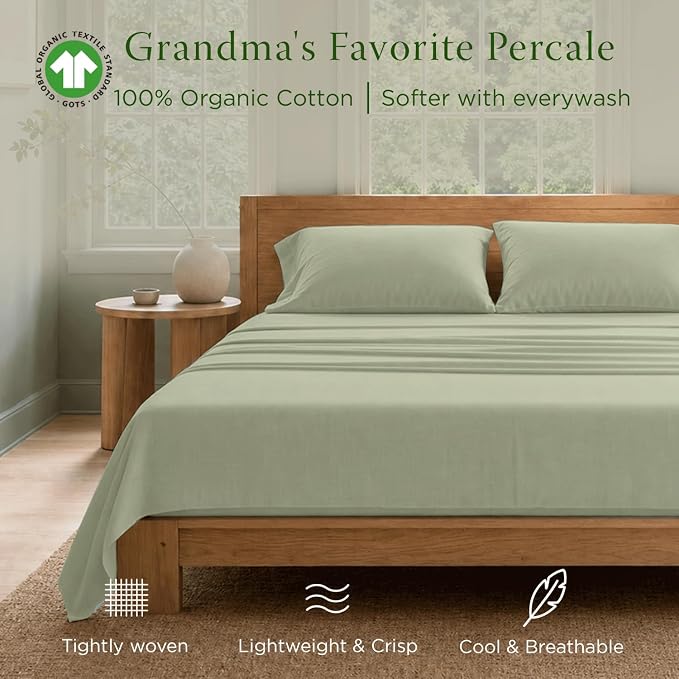 Threadmill 100% Organic Cotton Sheet Set - Full, 4 Piece, Sage Green - GOTS Certified - Lightweight and Cooling Sheets with All-Around Elastic for Fitted Sheet Upto 16" Deep Pocket