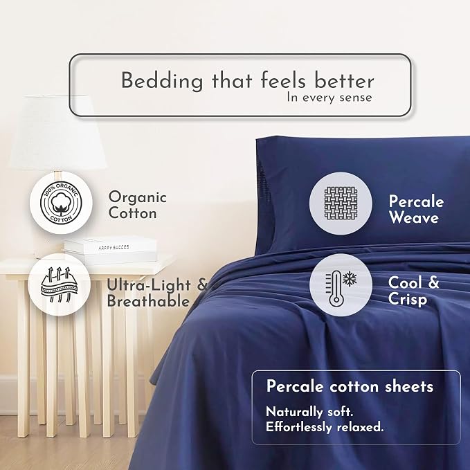 Linen Closet 100% Organic Cotton Queen Sheets Set, 4 Pieces, Navy - Percale Bed Sheets & Pillowcases Set - Up To 16" Deep Pocket Fitted Sheet - Cooling, Crisp & Breathable - For Hot Sleepers