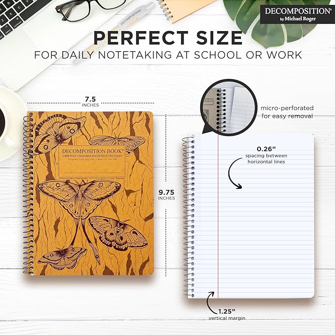 Decomposition Midnight Moths College Ruled Spiral Notebooks – 9.75 x 7.5 Journal with 160 Lined Pages – Notebooks for School Supplies, Home & Office – 100% Recycled Paper – Made in USA
