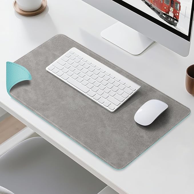 Imitation Crazy Horse Leather Desk Mat - Waterproof Desk Pad - Ideal for Large Mouse Pad and Desk Mats on Top of Desks (Light Gray+Light Blue, 33"*13")