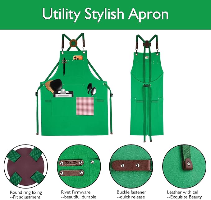 10 Pack Kitchen Aprons, Work Apron, Canvas, Multiple Pockets, Gardening, Painting, BBQ, Artist, Carpenter, Sizes M to XXL, Green