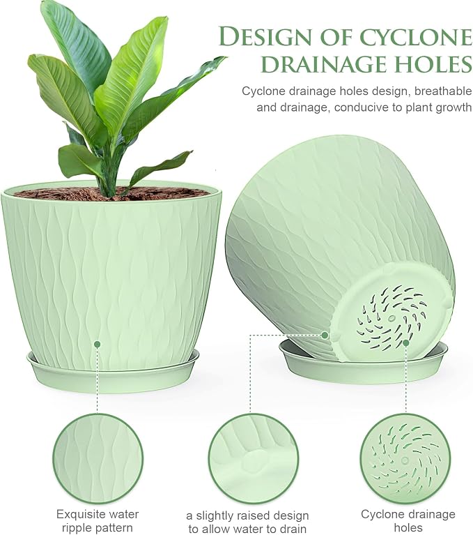 WSMKSZ 6 inch Plant Pots, 5 Pack Flower Pots with Drainage Holes and Saucers for Indoor Plants, Plastic Planters with Water Ripple for Small Garden House Plants, Nursery Pots for Succulent, Green