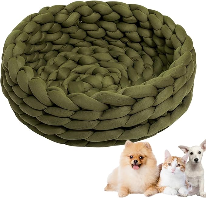 Woven Dog Bed Basket, Knitted Cotton Cat Bed Round Washable Woven Cat Pet Bed Chunky Dog Basket, Orthopedic, Chunky Knit Dog Nest,Dog Bed,Dog Cave,Dog Bedding(Green,19")