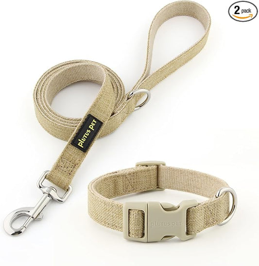 Plutus Pet Cotton Hemp Dog Collar and Leash Set, Adjustable Collar for Small, Medium, and Large Dogs, Heavy Duty and Soft on Skin, Khaki, S