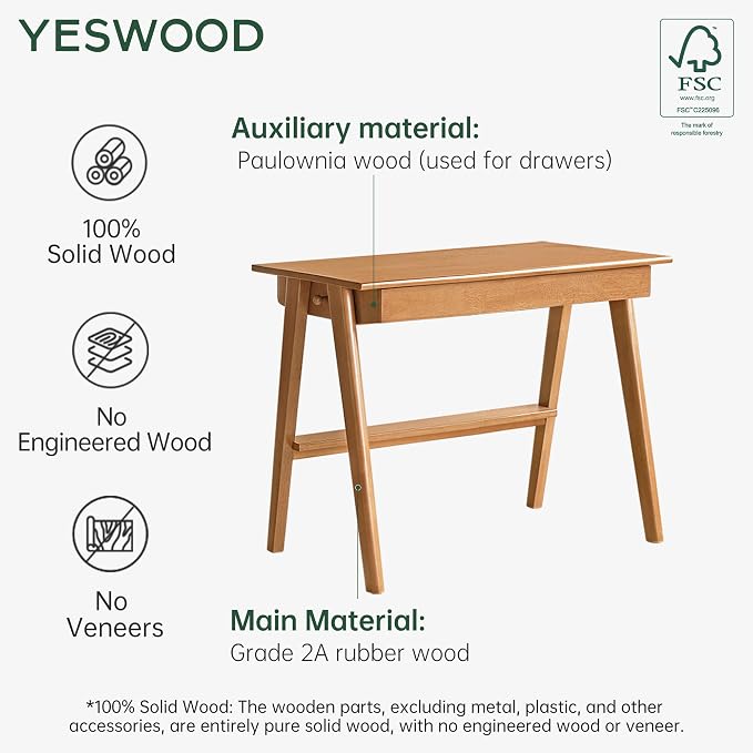 YESWOOD 100% Solid Rubber Wood Desk, Mid Century Modern Writing Computer Desk in Walnut Finish with Drawer for Home Office, Sturdy Room, Bedroom 31.49" W Natural Wood