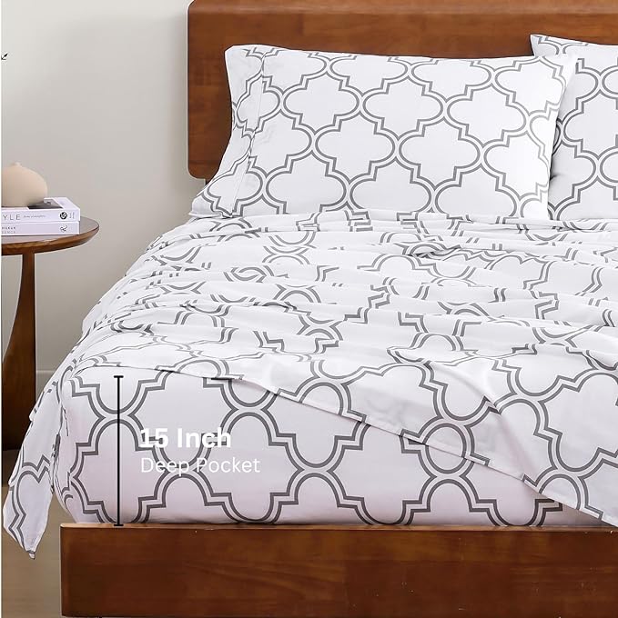 LANE LINEN 100% Organic Cotton Twin XL Sheet Set, Low Pilling Printed Fade Resistant Machine Washable Extra Long Twin Bedding Set, Soft & Comfy Printed Cotton Sheets - Trellis