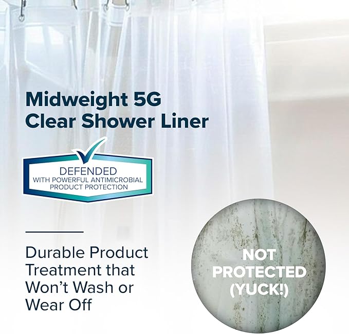 SlipX Solutions Protected Shower Curtain Liner, 5G Thicker Liner, 70"x72", Clear